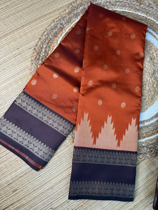 Rust Orange Semi-Silk Saree with Temple Border