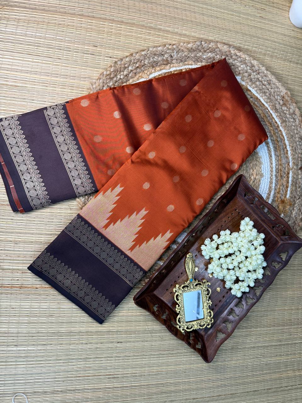 Rust Orange Semi-Silk Saree with Temple Border