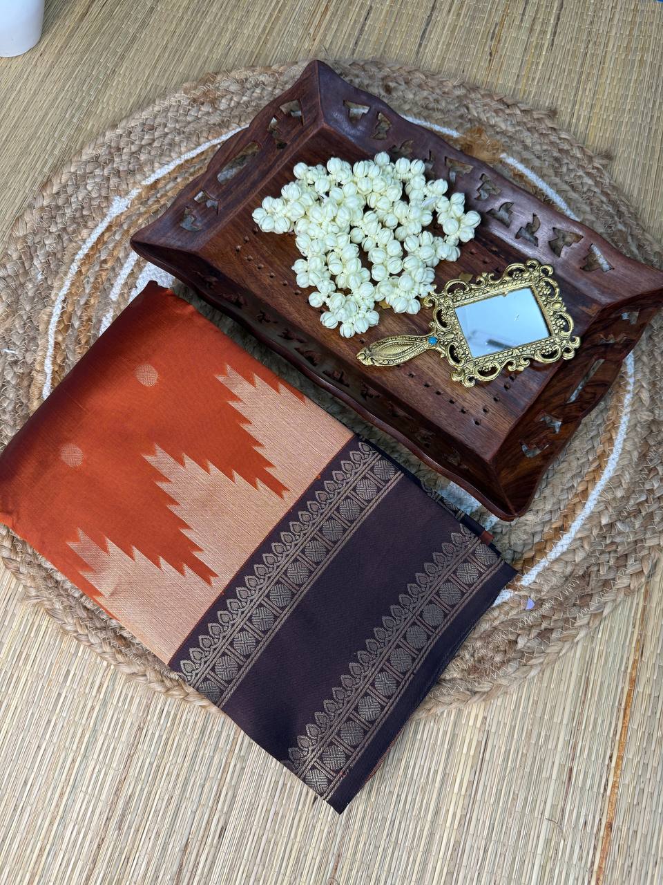 Rust Orange Semi-Silk Saree with Temple Border