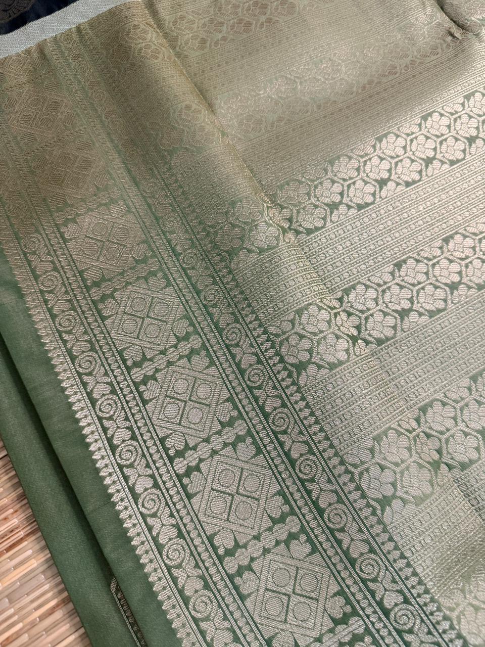Olive Green Semi Silk Saree with Octagon Butta & Dark Green Zari Border