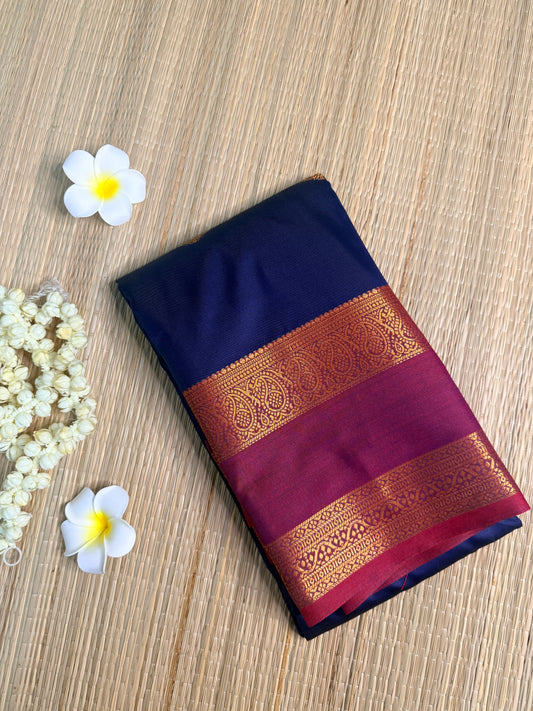 Navy Blue Semi Silk Saree with Gold Zari Butta & Contrast Border