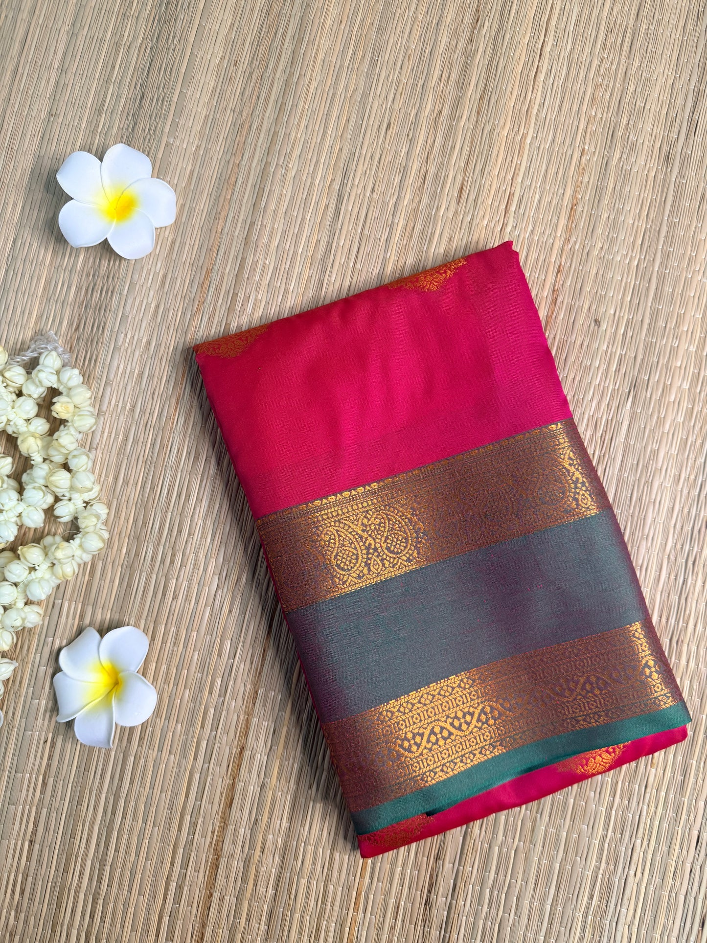 Pink & Teal Semi Silk Saree with Gold Zari Butta & Striped Pallu