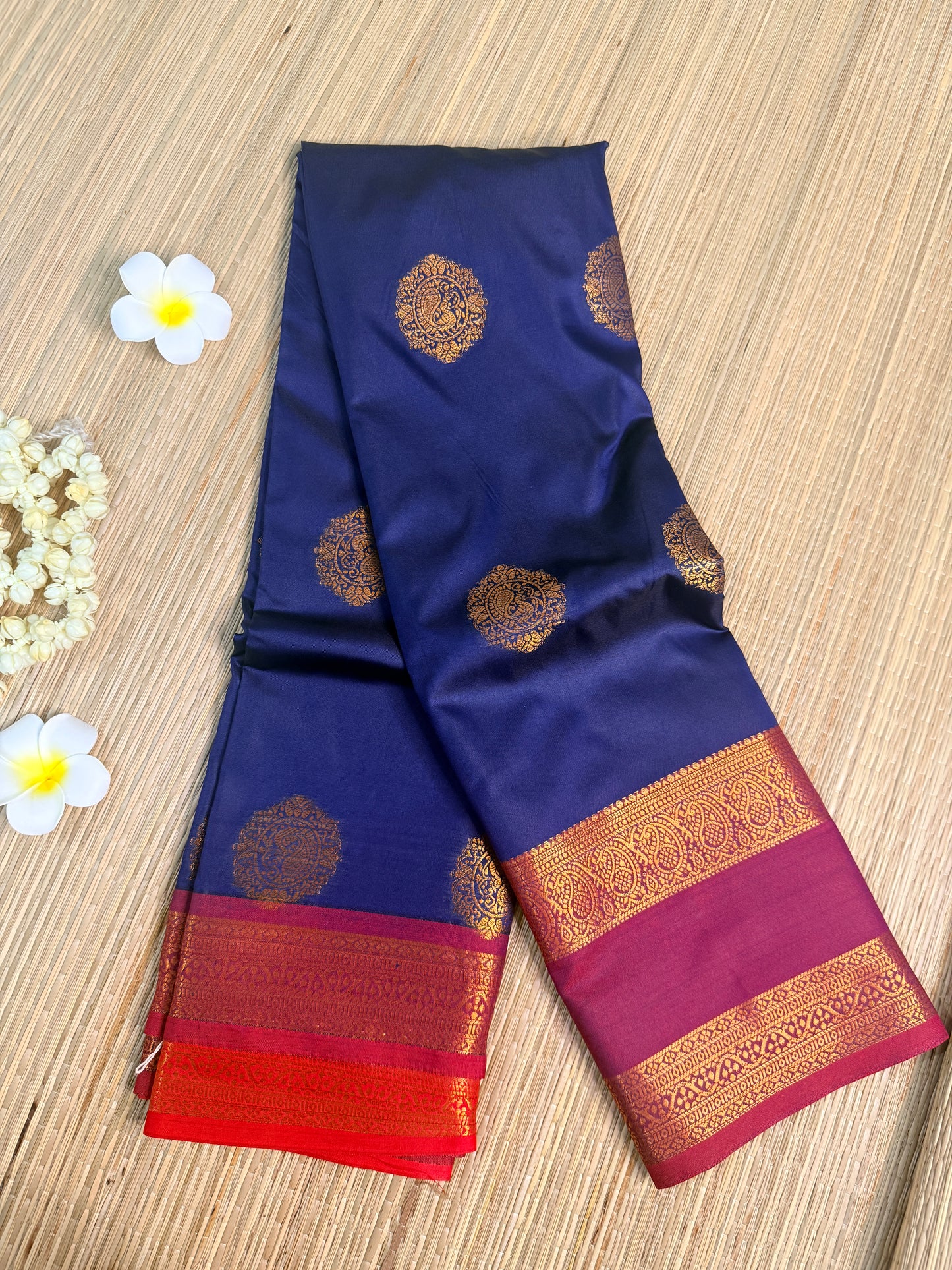 Navy Blue Semi Silk Saree with Gold Zari Butta & Contrast Border