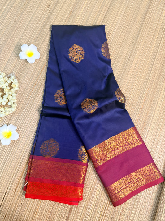 Navy Blue Semi Silk Saree with Gold Zari Butta & Contrast Border
