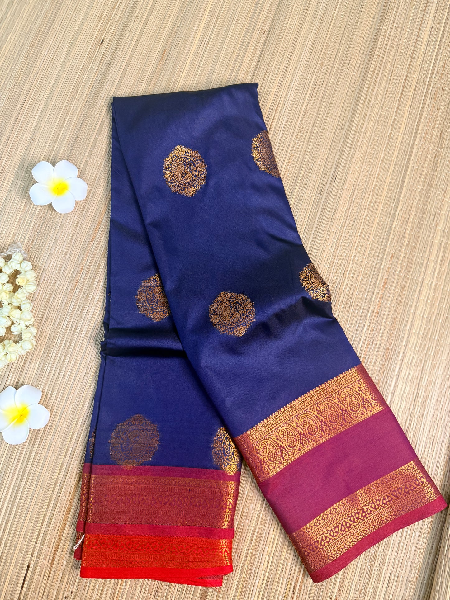 Navy Blue Semi Silk Saree with Gold Zari Butta & Contrast Border