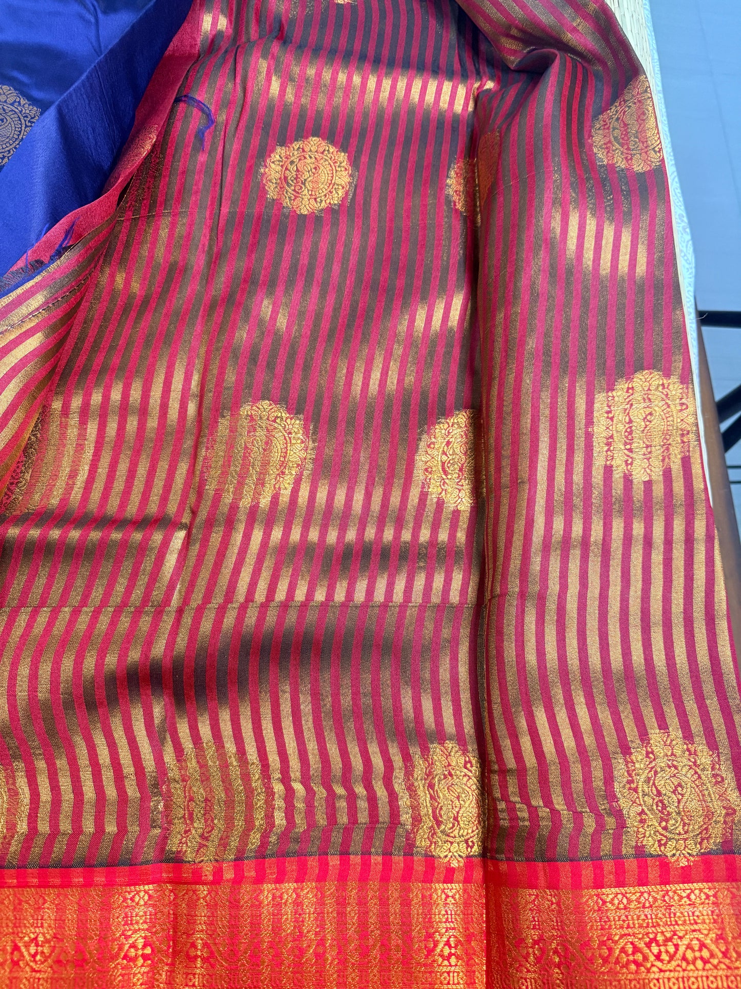 Navy Blue Semi Silk Saree with Gold Zari Butta & Contrast Border