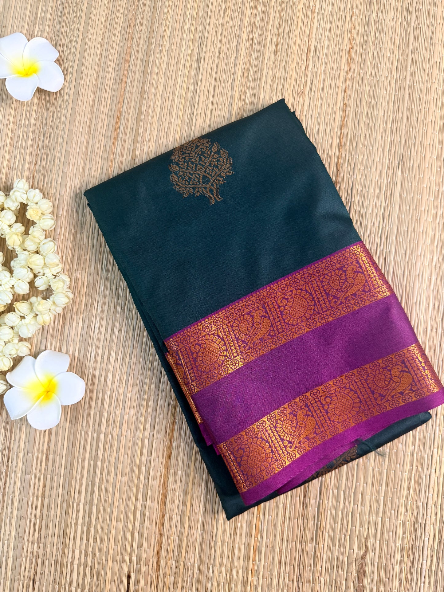 Deep Teal Semi Silk Saree with Gold Zari Butta & Purple Contrast Pallu