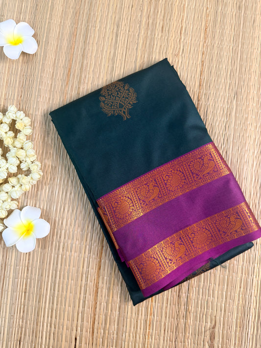 Deep Teal Semi Silk Saree with Gold Zari Butta & Purple Contrast Pallu