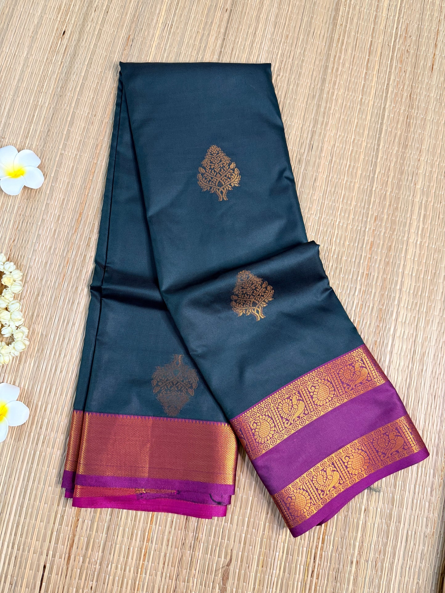 Deep Teal Semi Silk Saree with Gold Zari Butta & Purple Contrast Pallu