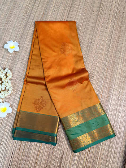 Mustard Orange Semi Silk Saree with Gold Zari Butta & Teal Contrast Border