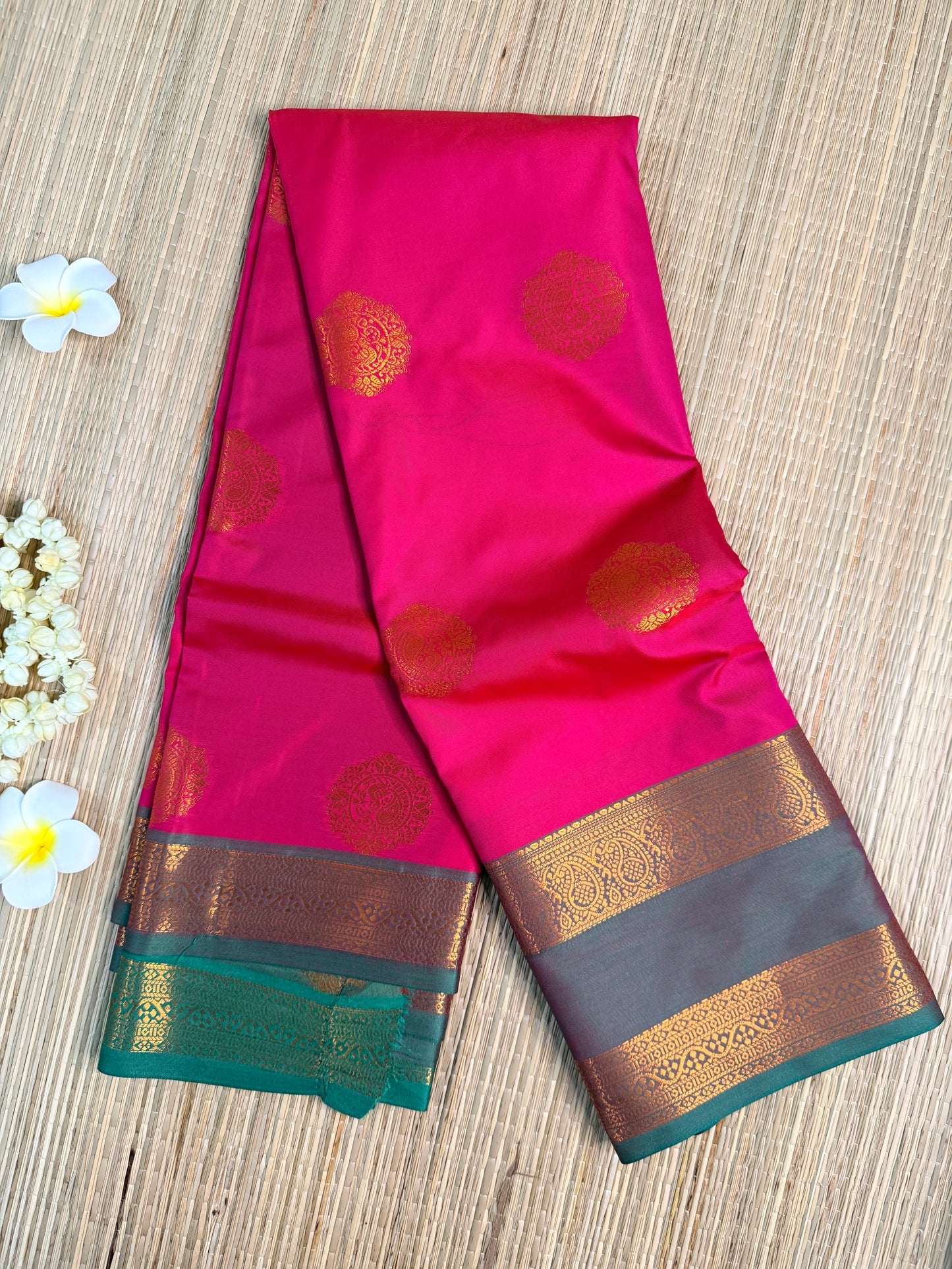 Pink & Teal Semi Silk Saree with Gold Zari Butta & Striped Pallu