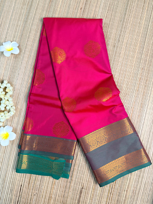 Pink & Teal Semi Silk Saree with Gold Zari Butta & Striped Pallu