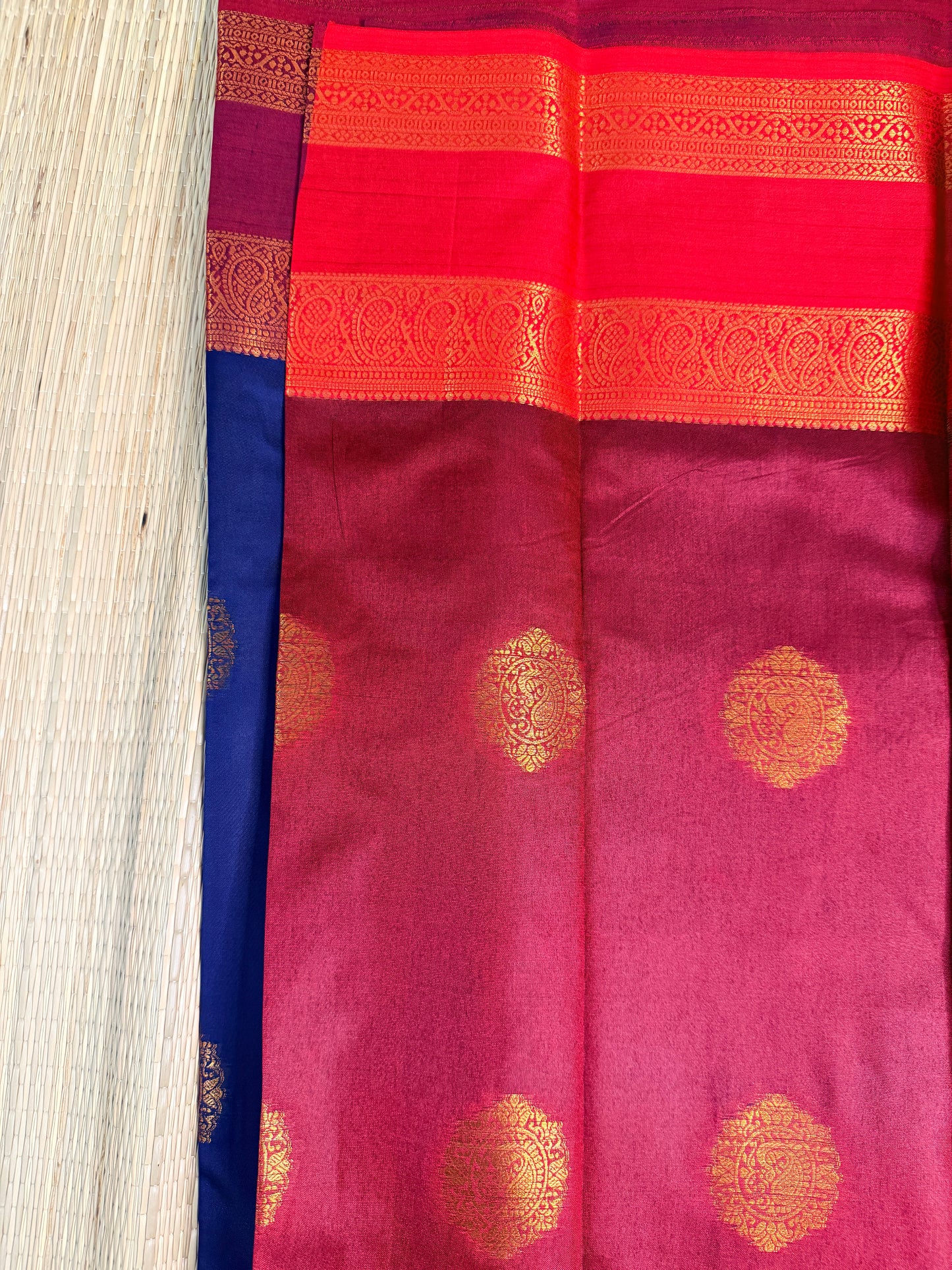 Navy Blue Semi Silk Saree with Gold Zari Butta & Contrast Border