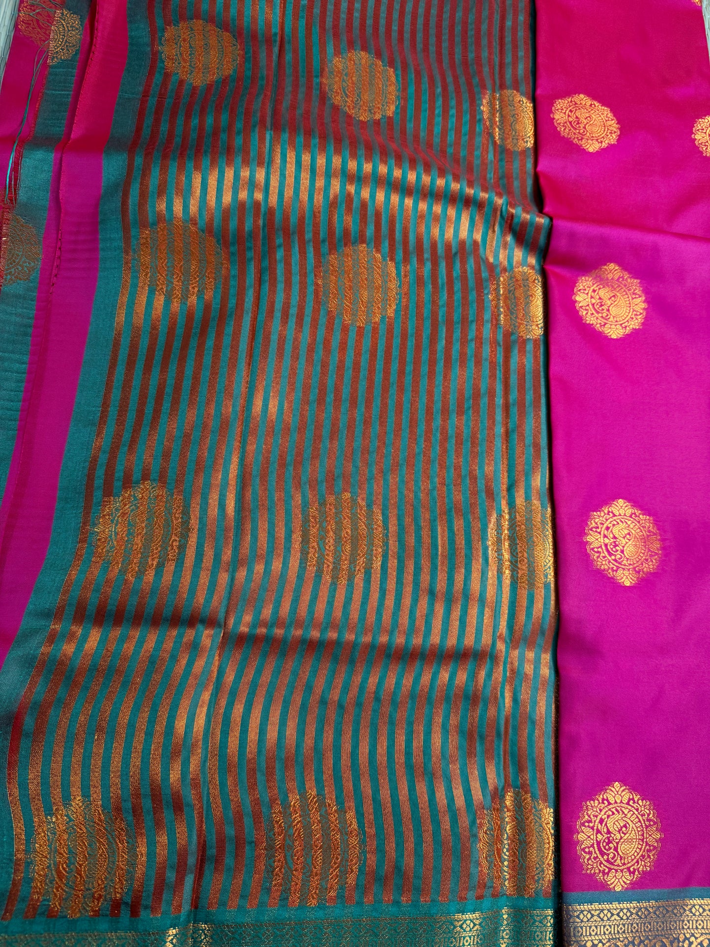 Pink & Teal Semi Silk Saree with Gold Zari Butta & Striped Pallu