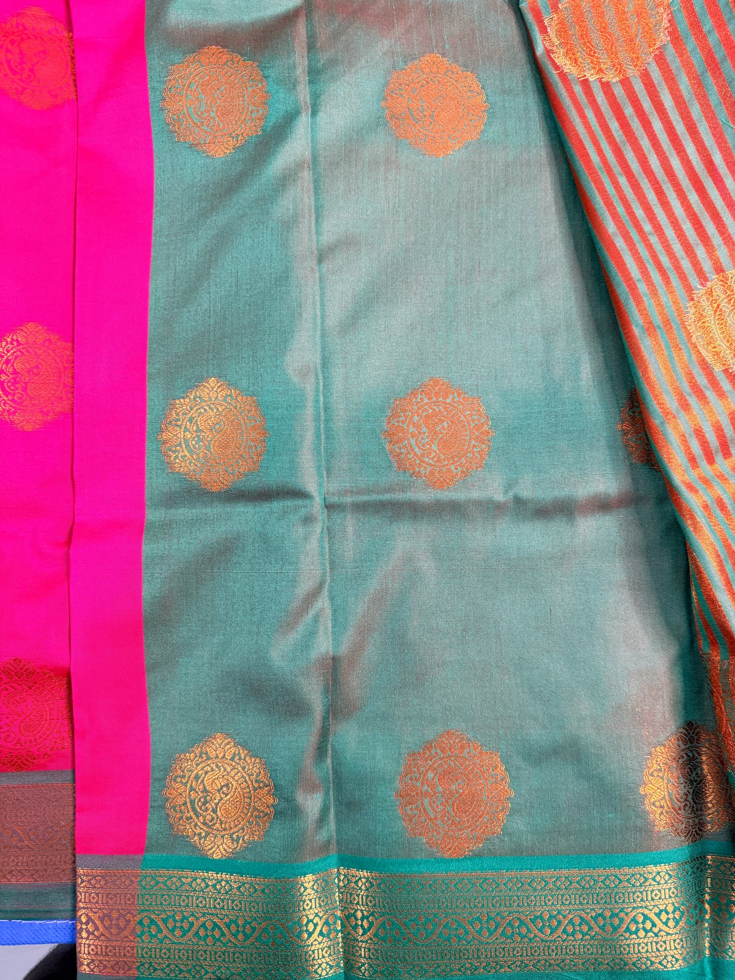 Pink & Teal Semi Silk Saree with Gold Zari Butta & Striped Pallu