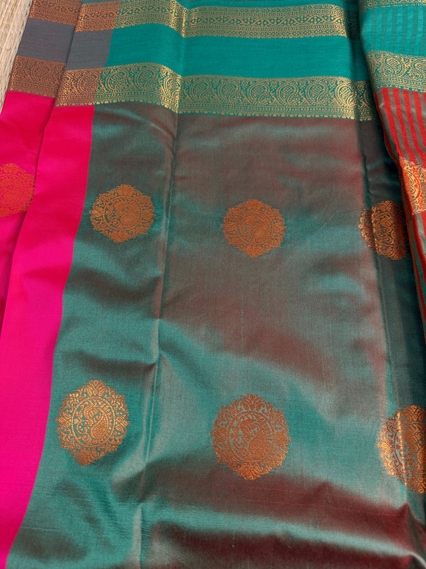 Pink & Teal Semi Silk Saree with Gold Zari Butta & Striped Pallu