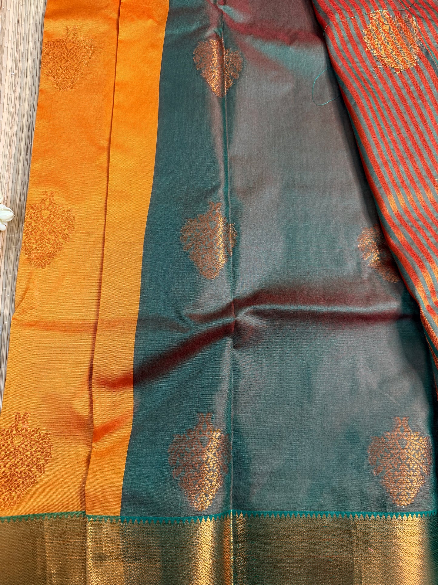 Mustard Orange Semi Silk Saree with Gold Zari Butta & Teal Contrast Border