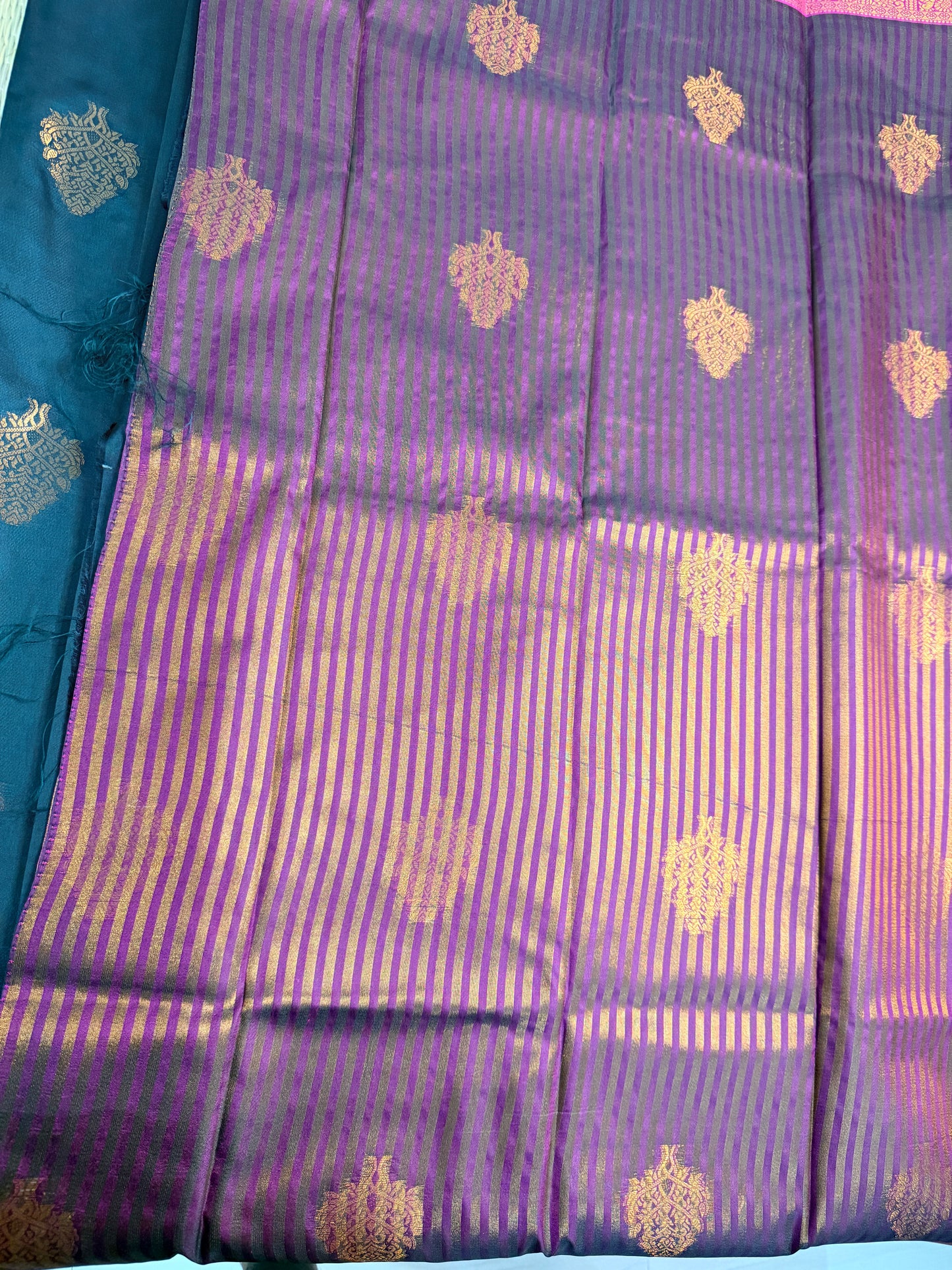 Deep Teal Semi Silk Saree with Gold Zari Butta & Purple Contrast Pallu