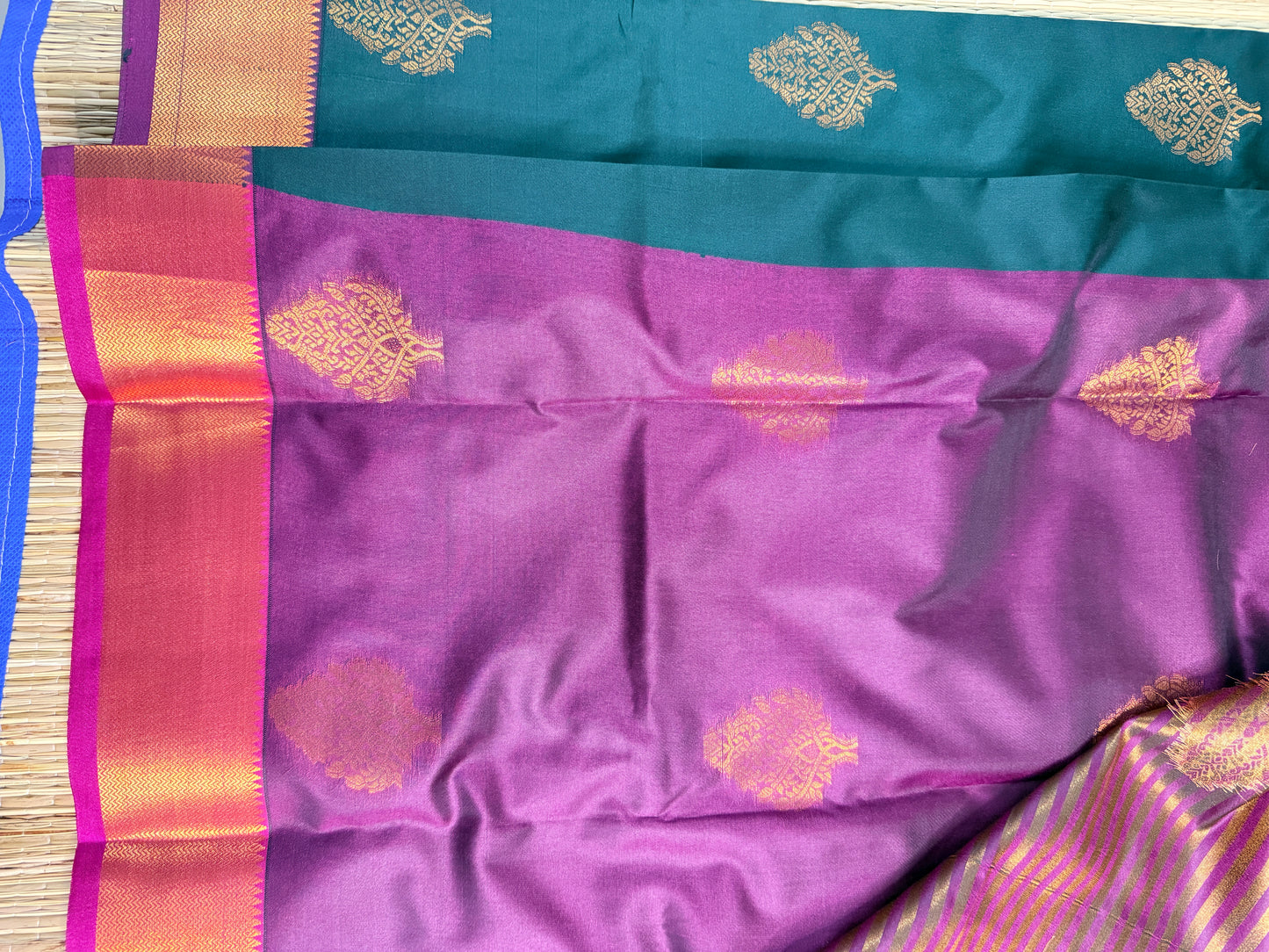 Deep Teal Semi Silk Saree with Gold Zari Butta & Purple Contrast Pallu