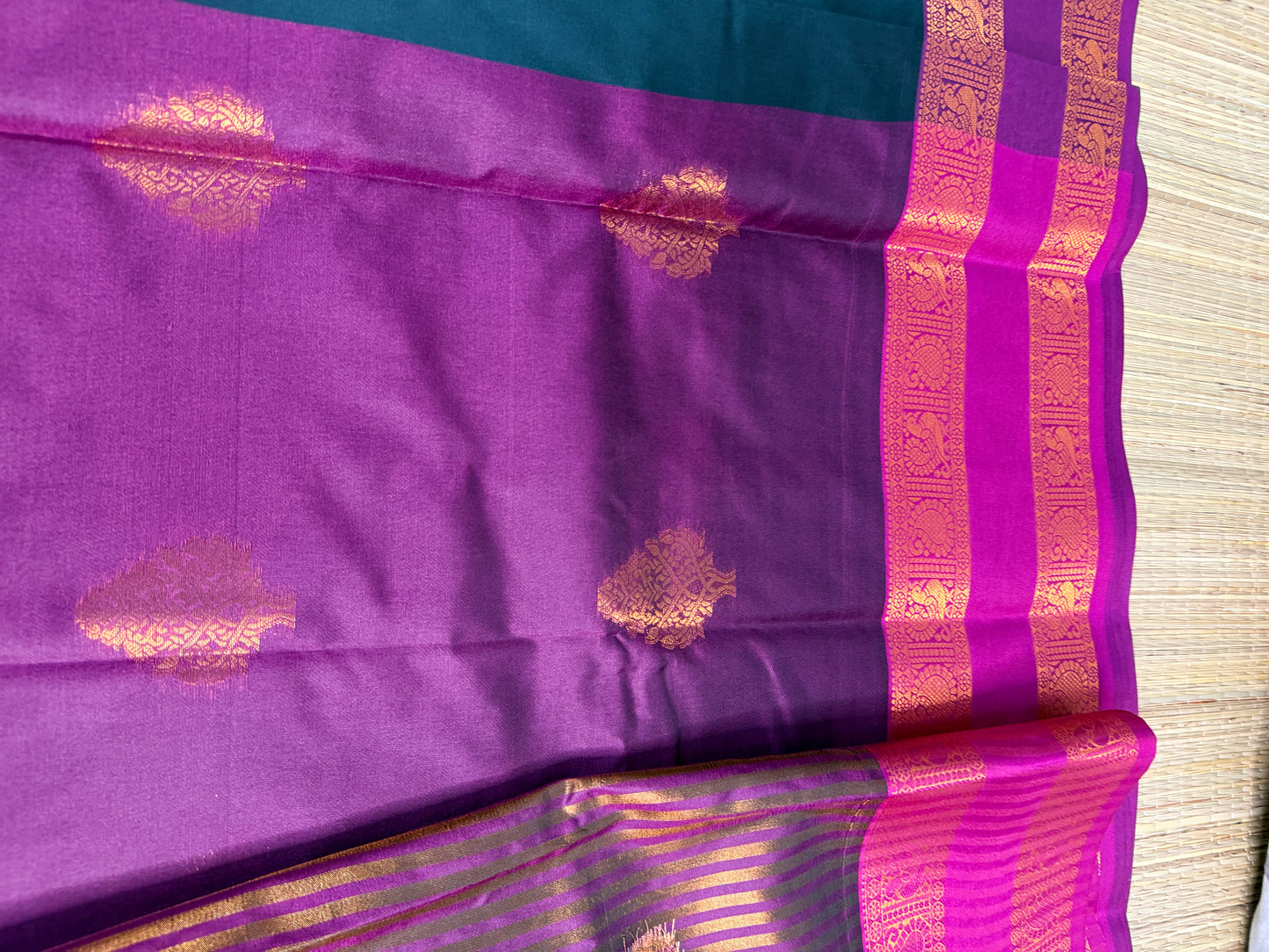 Deep Teal Semi Silk Saree with Gold Zari Butta & Purple Contrast Pallu