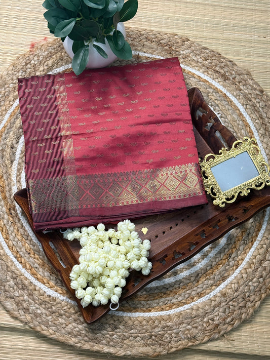 Semi Silk Saree – Rose Pink with Allover Silver Zari Buttas & Maroon Border