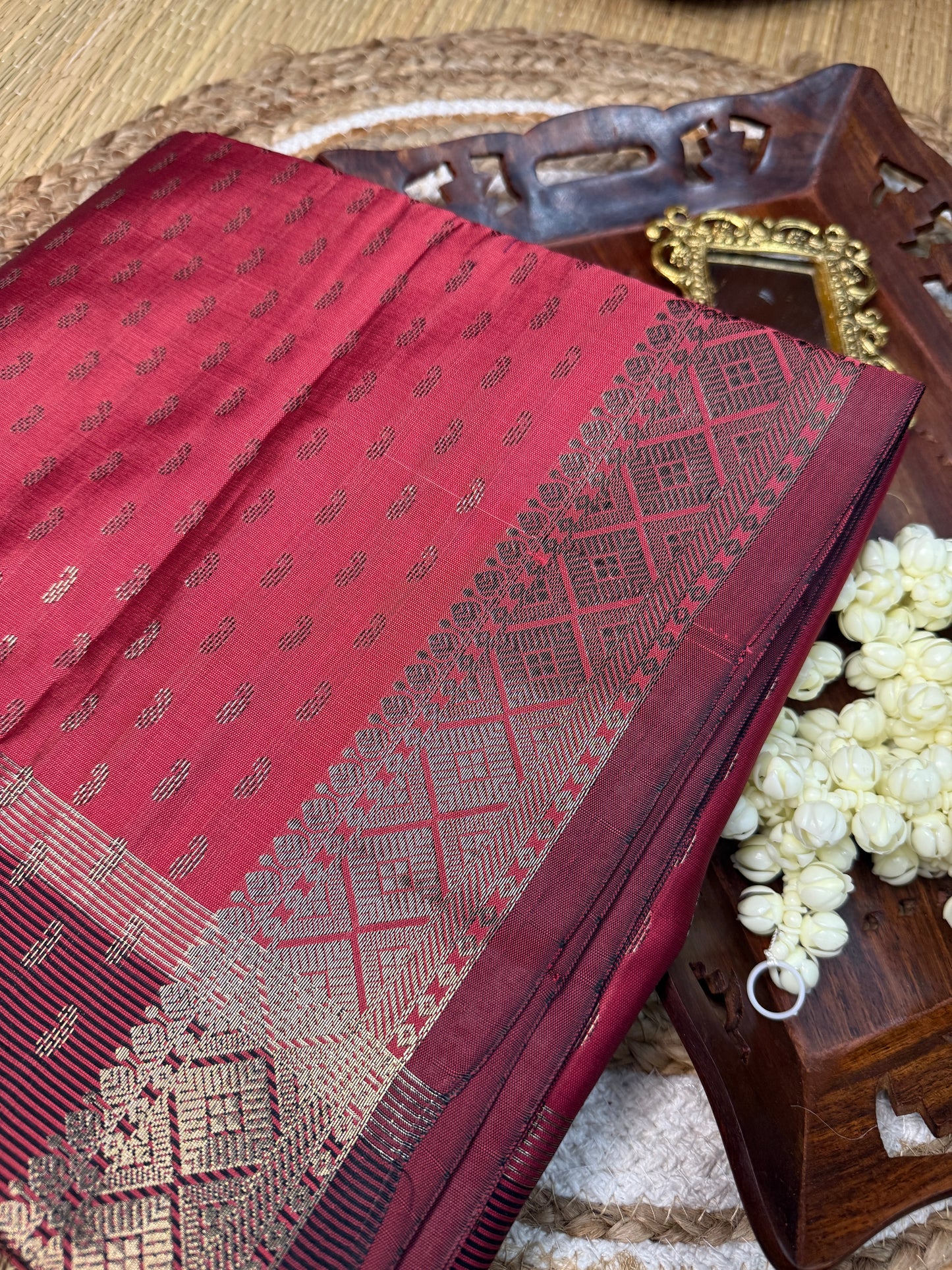 Semi Silk Saree – Rose Pink with Allover Silver Zari Buttas & Maroon Border