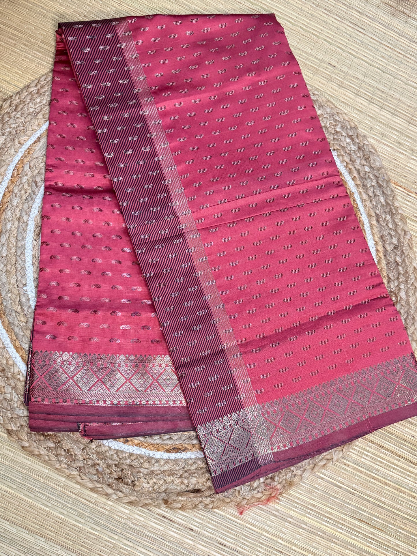 Semi Silk Saree – Rose Pink with Allover Silver Zari Buttas & Maroon Border