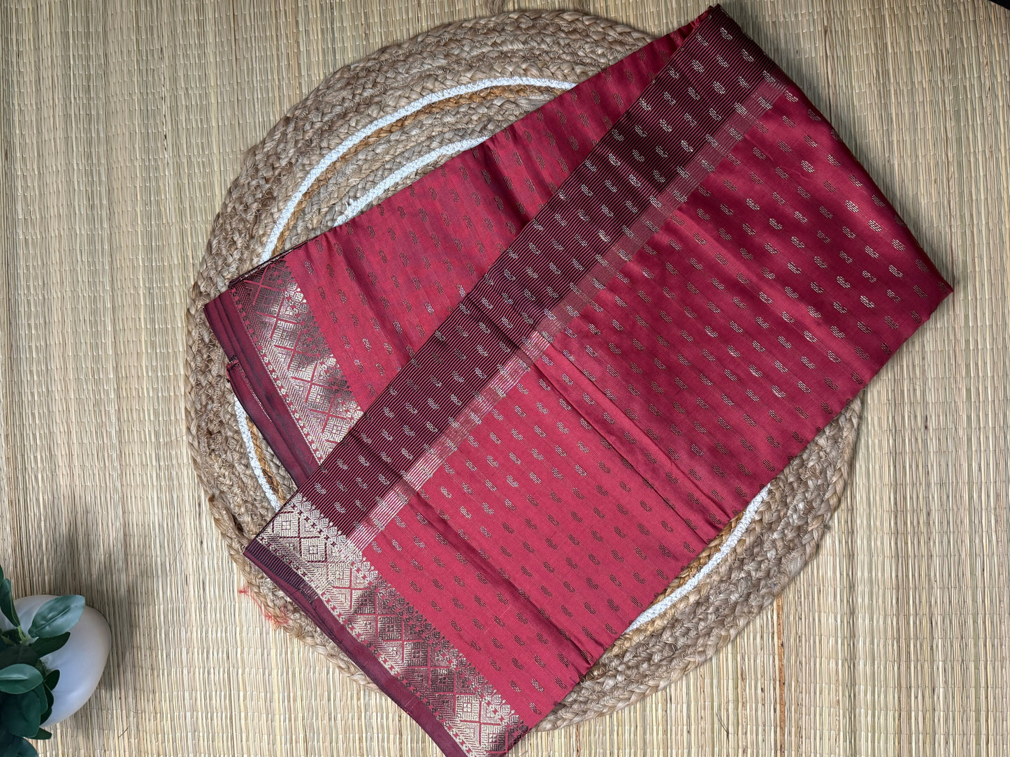 Semi Silk Saree – Rose Pink with Allover Silver Zari Buttas & Maroon Border