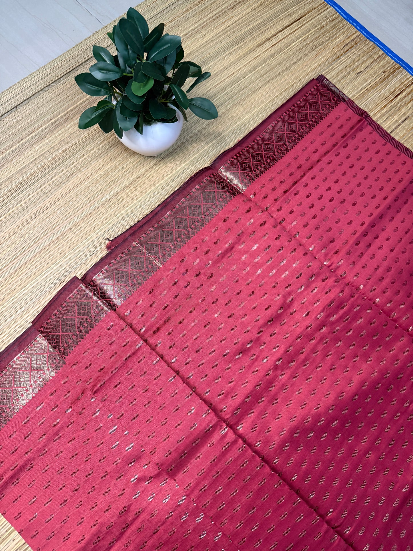 Semi Silk Saree – Rose Pink with Allover Silver Zari Buttas & Maroon Border