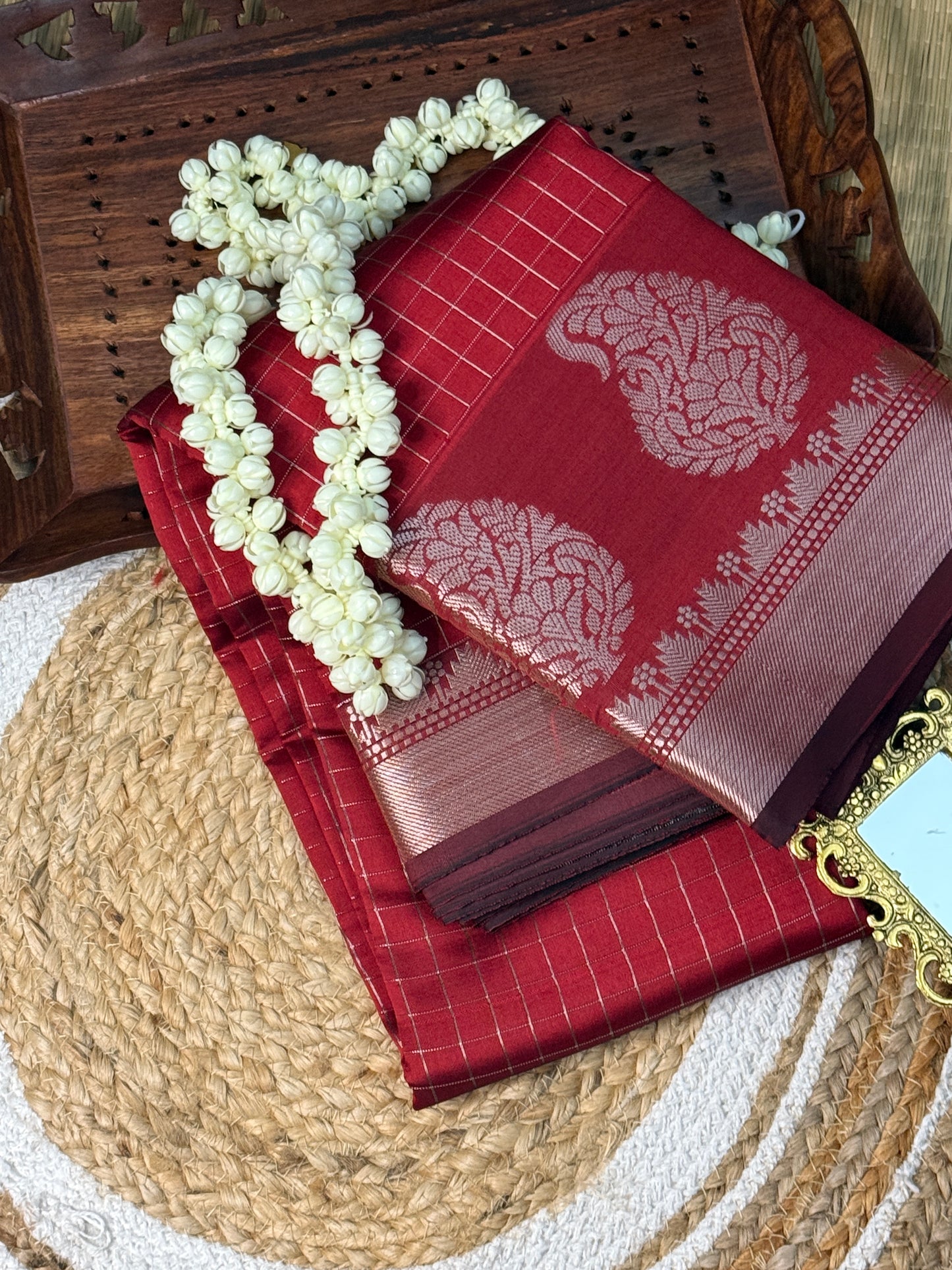 Semi Silk Saree – Deep Red with Silver Zari Peacock Motifs