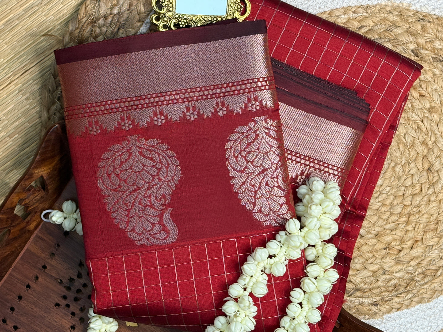 Semi Silk Saree – Deep Red with Silver Zari Peacock Motifs