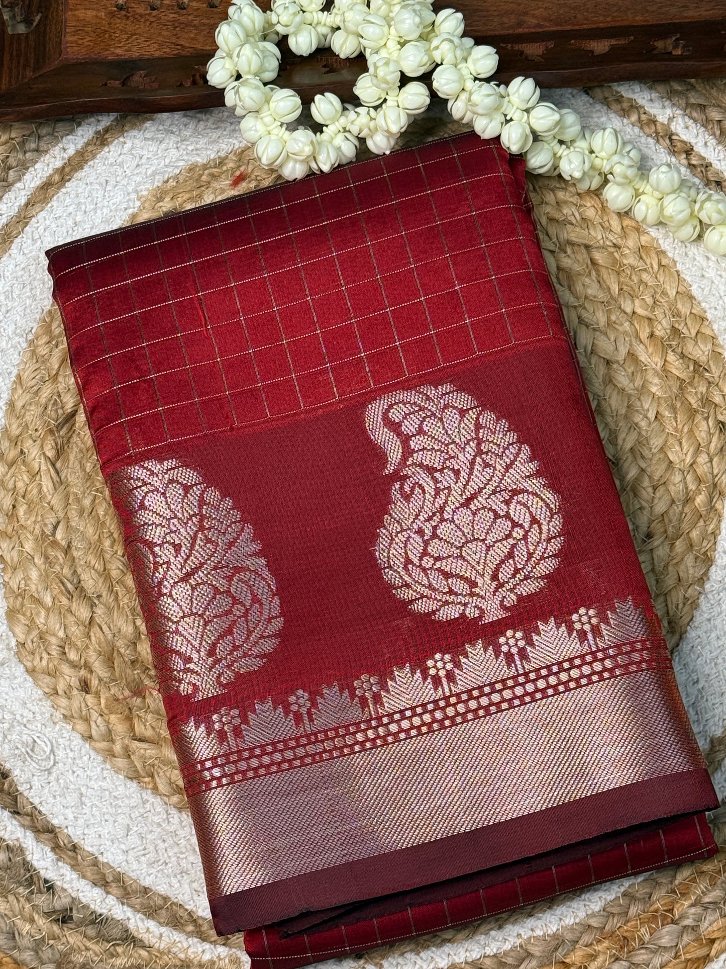 Semi Silk Saree – Deep Red with Silver Zari Peacock Motifs