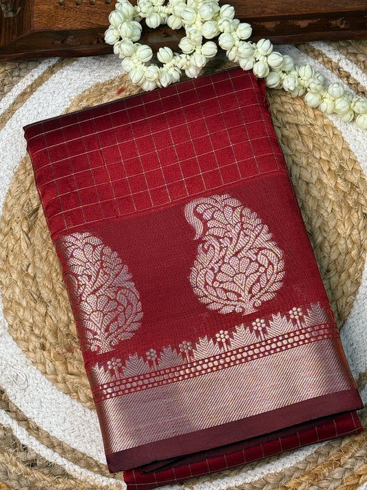 Semi Silk Saree – Deep Red with Silver Zari Peacock Motifs