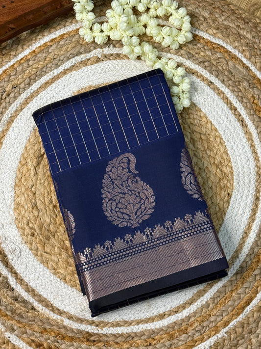 Soft Silk Saree – Navy Blue with Silver Zari Peacock Motifs