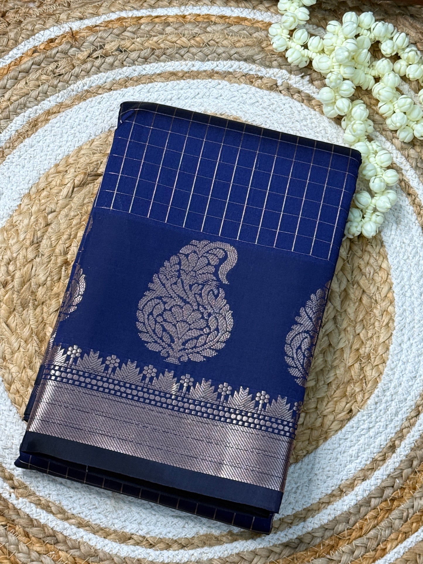 Soft Silk Saree – Navy Blue with Silver Zari Peacock Motifs