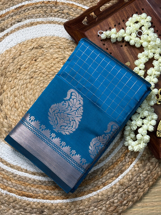 Semi Silk Saree – Teal Blue with Silver Zari Peacock Motifs