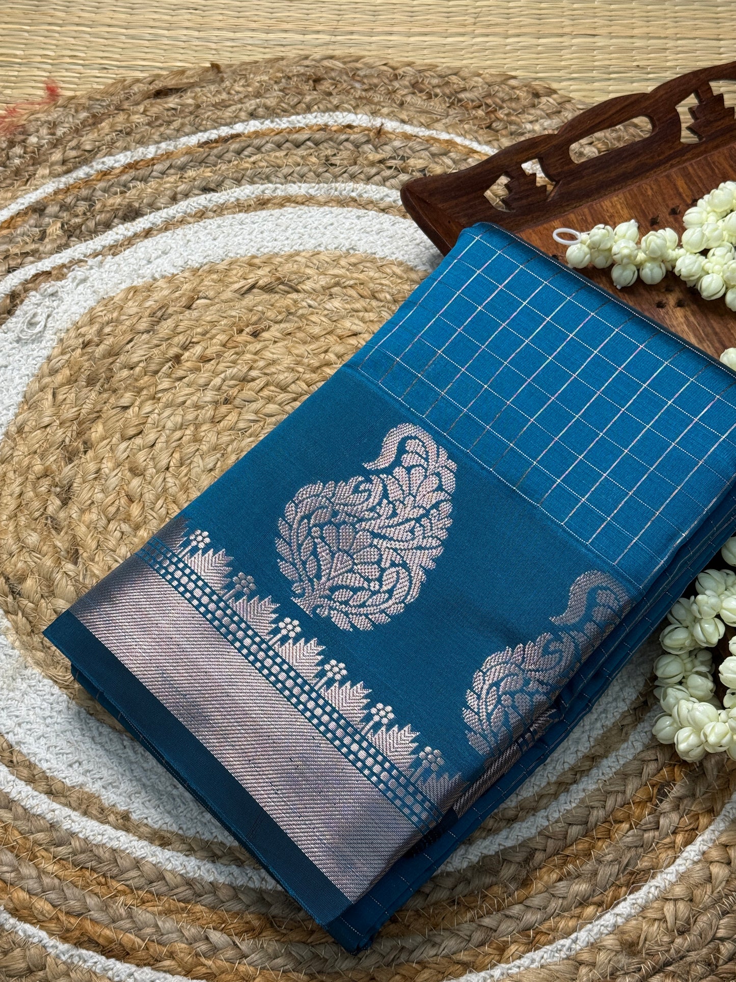 Semi Silk Saree – Teal Blue with Silver Zari Peacock Motifs