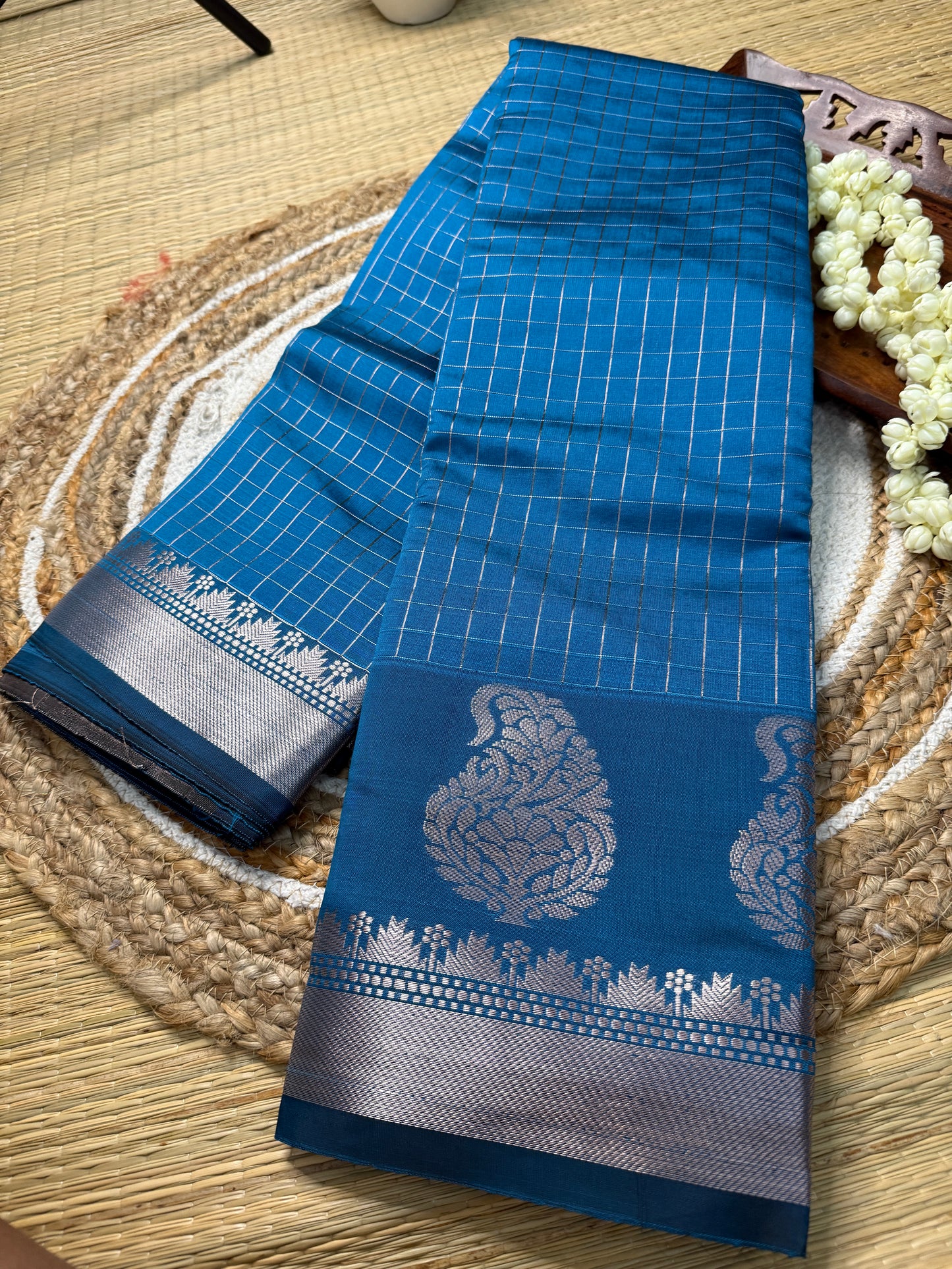 Semi Silk Saree – Teal Blue with Silver Zari Peacock Motifs