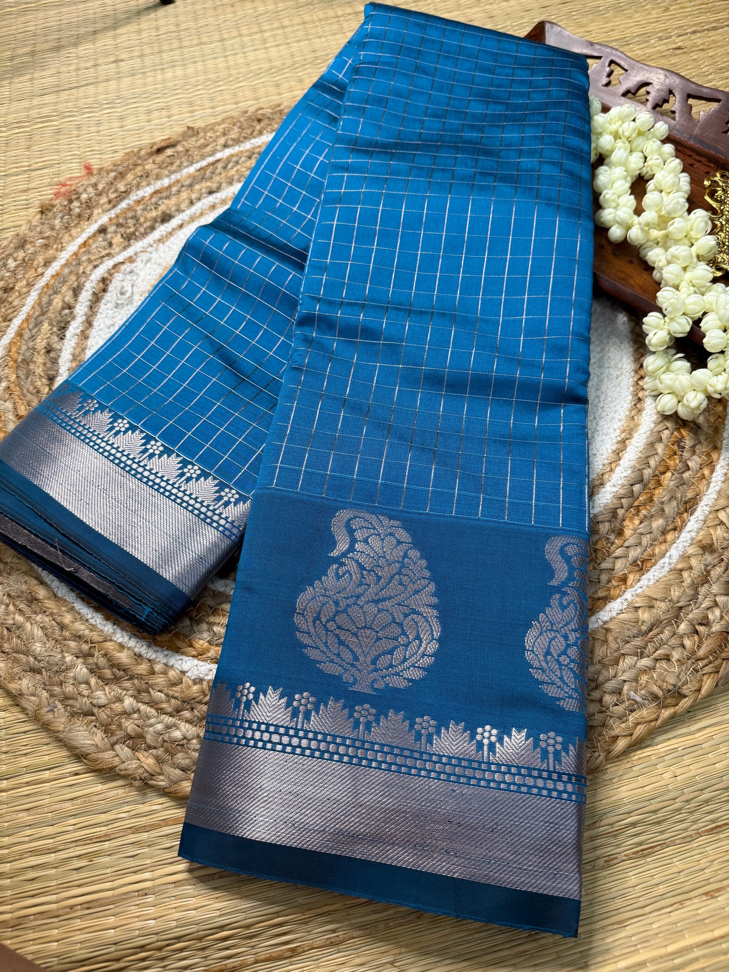 Semi Silk Saree – Teal Blue with Silver Zari Peacock Motifs