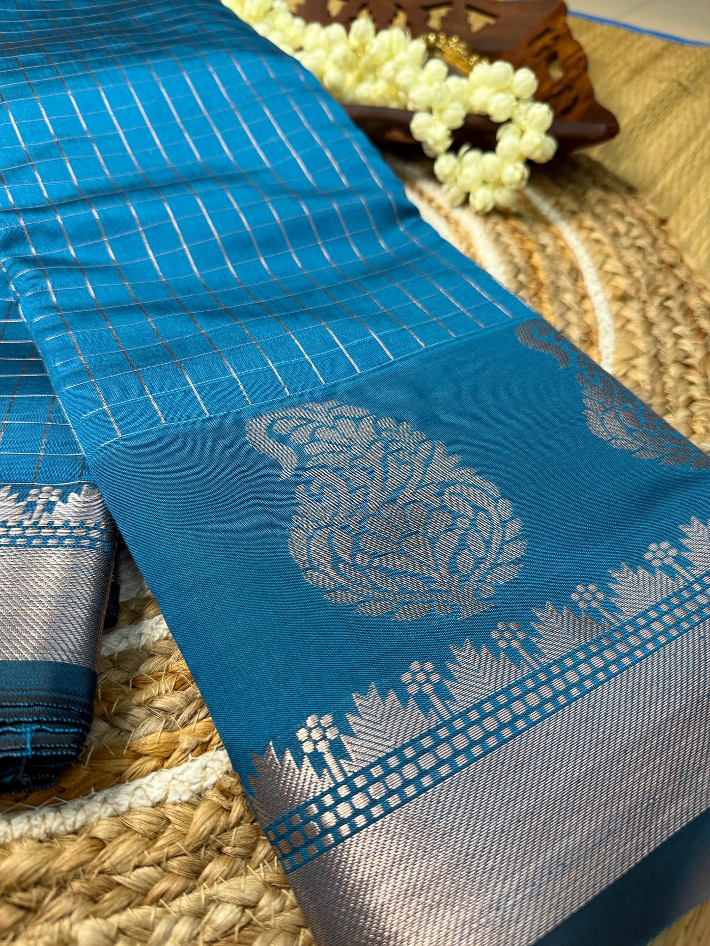 Semi Silk Saree – Teal Blue with Silver Zari Peacock Motifs