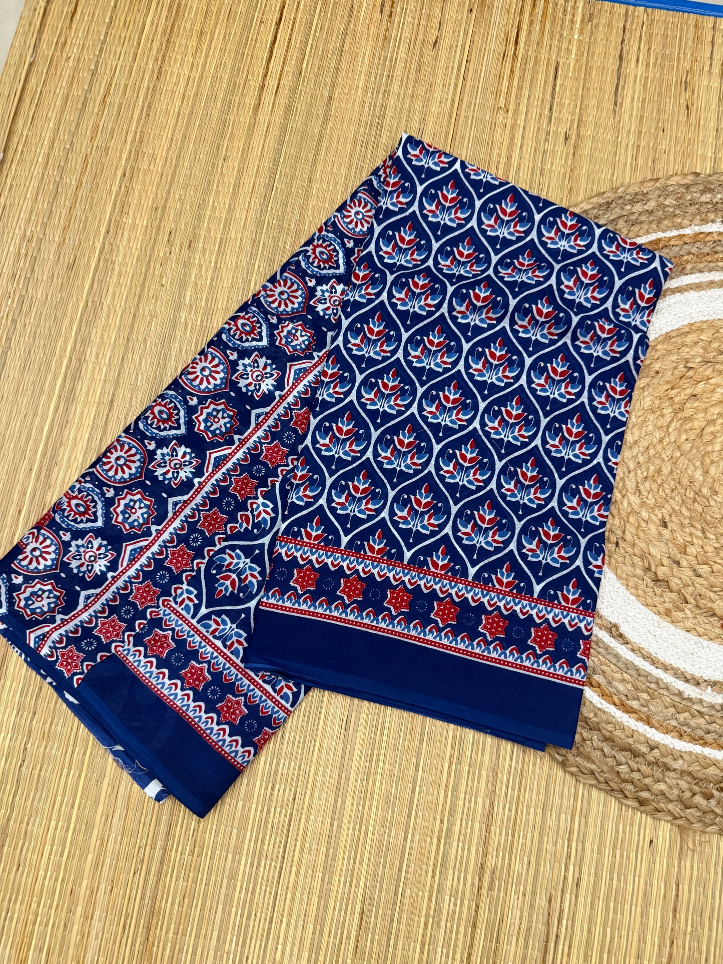 Pure Mul Cotton Hand Block Printed Indigo Saree