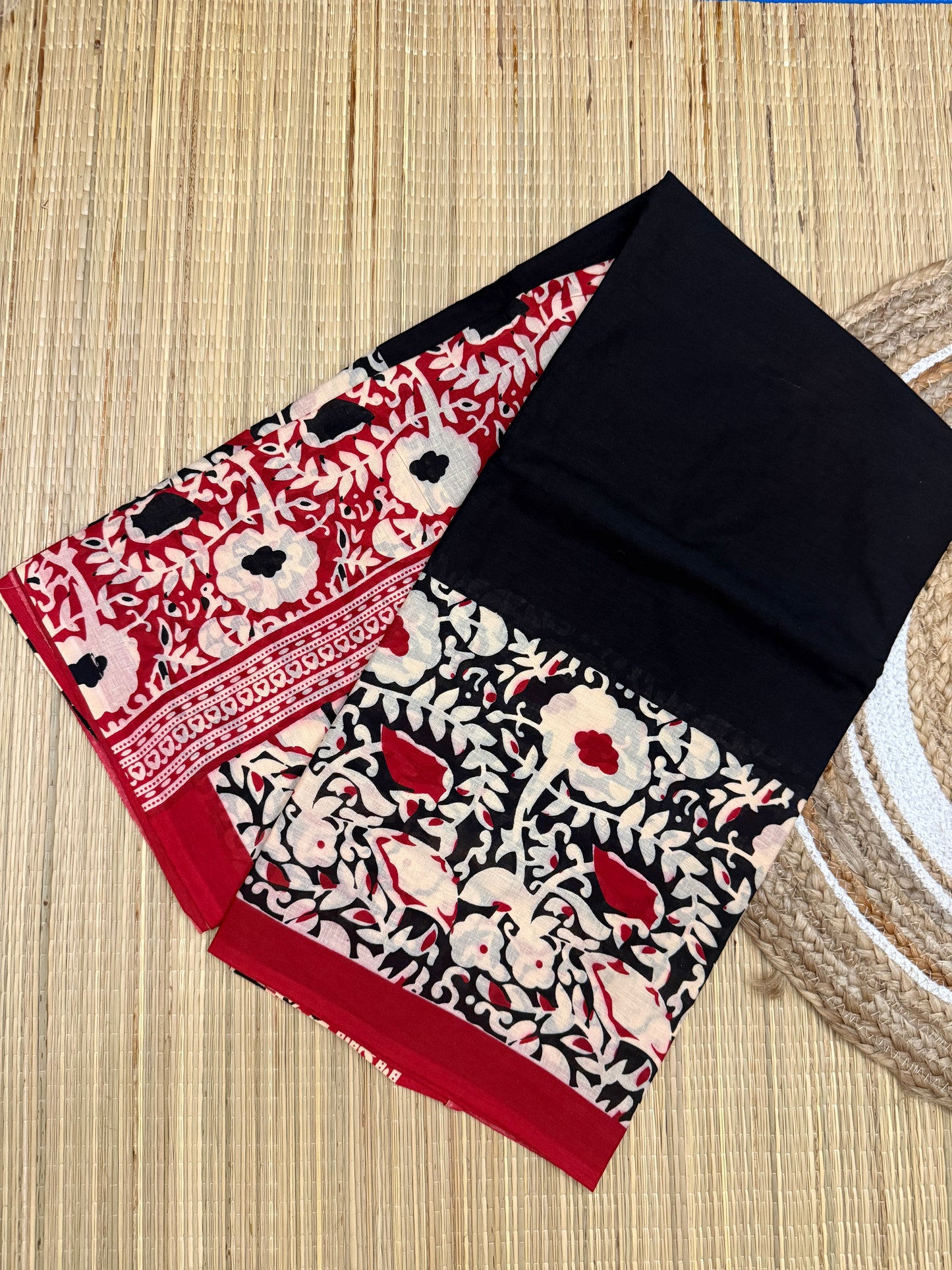 Pure Mul Cotton Hand Block Printed Black Saree with Kalamkari Floral Design