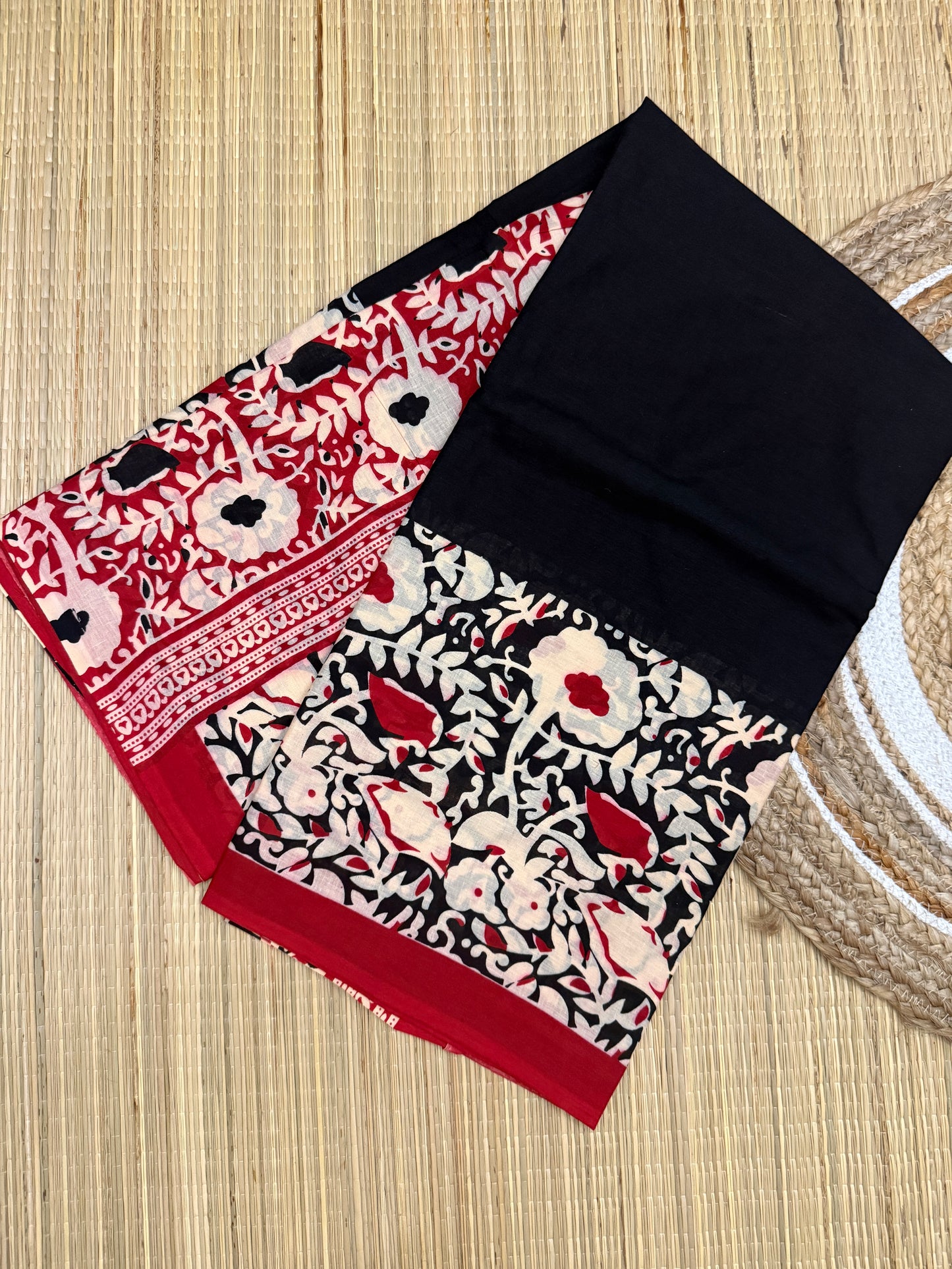 Pure Mul Cotton Hand Block Printed Black Saree with Kalamkari Floral Design