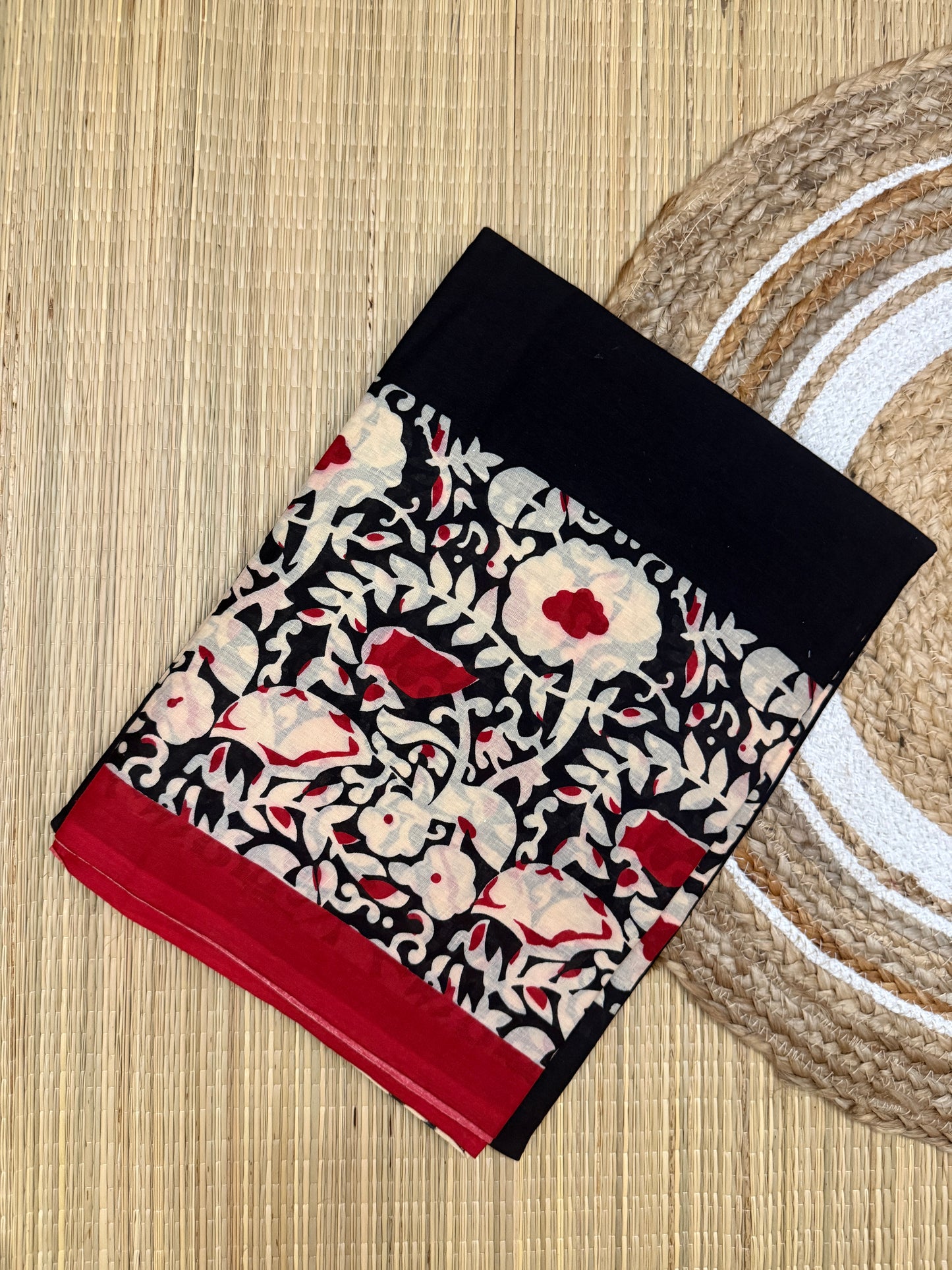 Pure Mul Cotton Hand Block Printed Black Saree with Kalamkari Floral Design