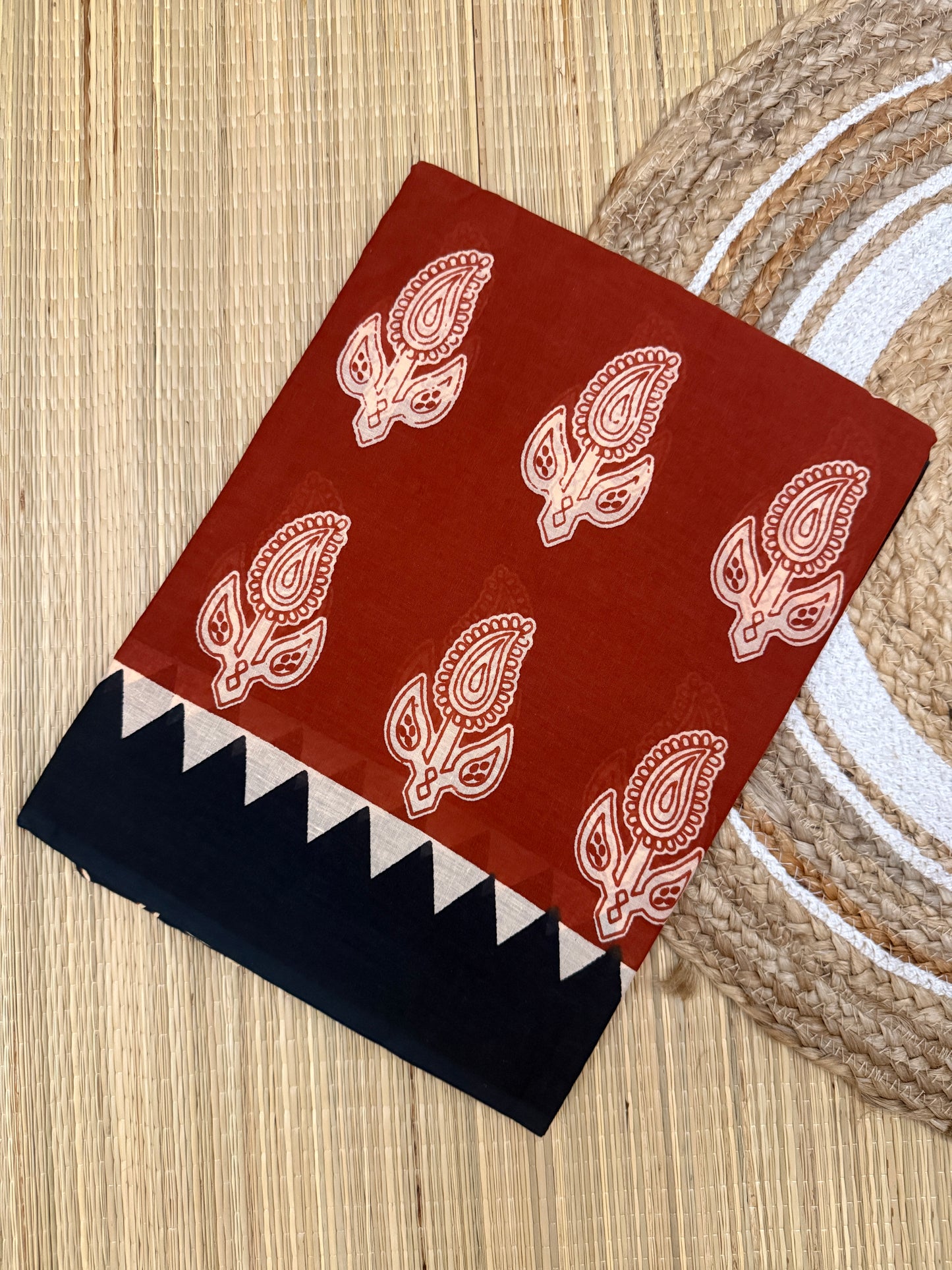 Pure Mul Cotton Hand Block Printed Black Saree with Kalamkari Floral and Maroon Border