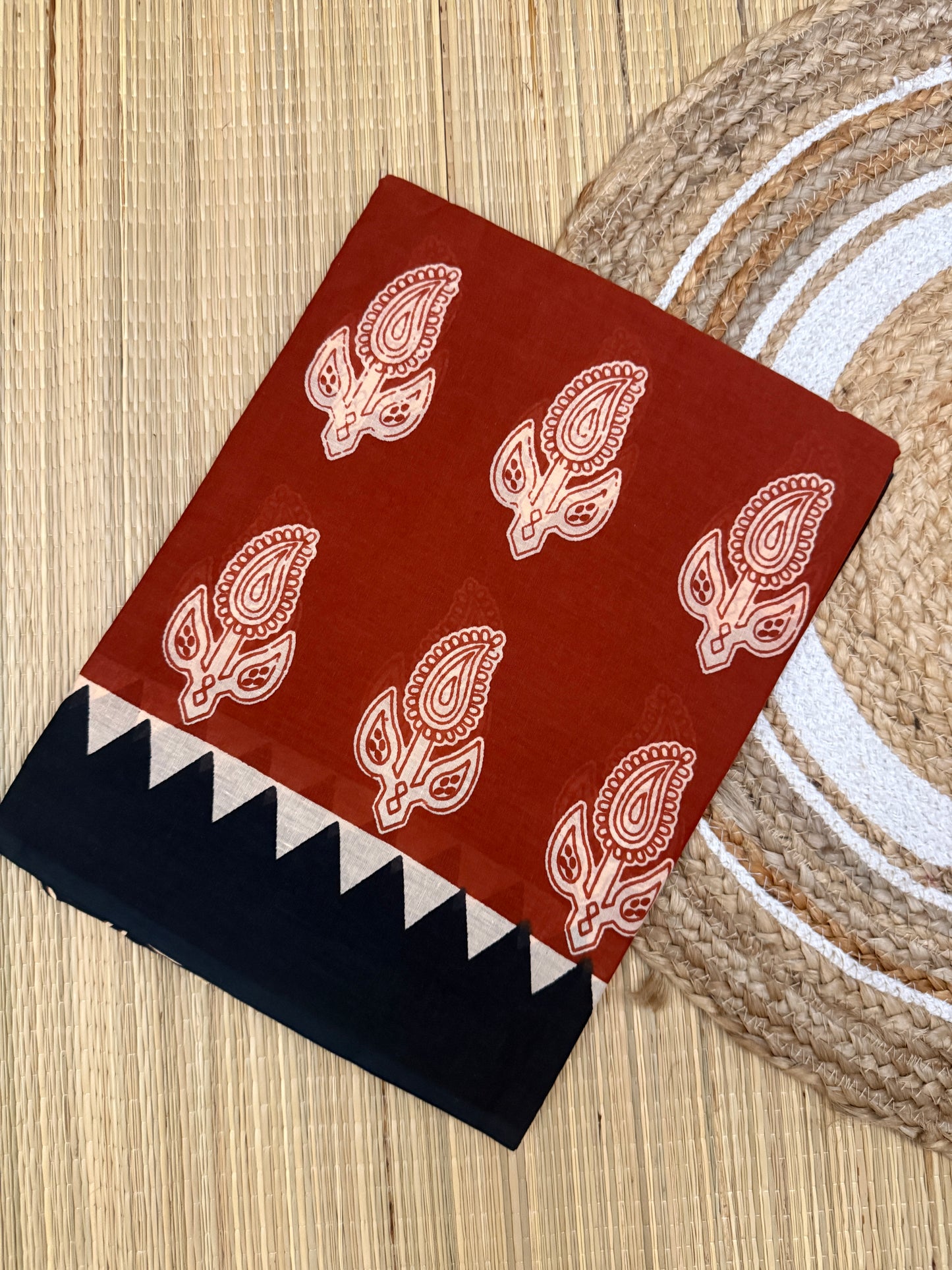 Pure Mul Cotton Hand Block Printed Black Saree with Kalamkari Floral and Maroon Border
