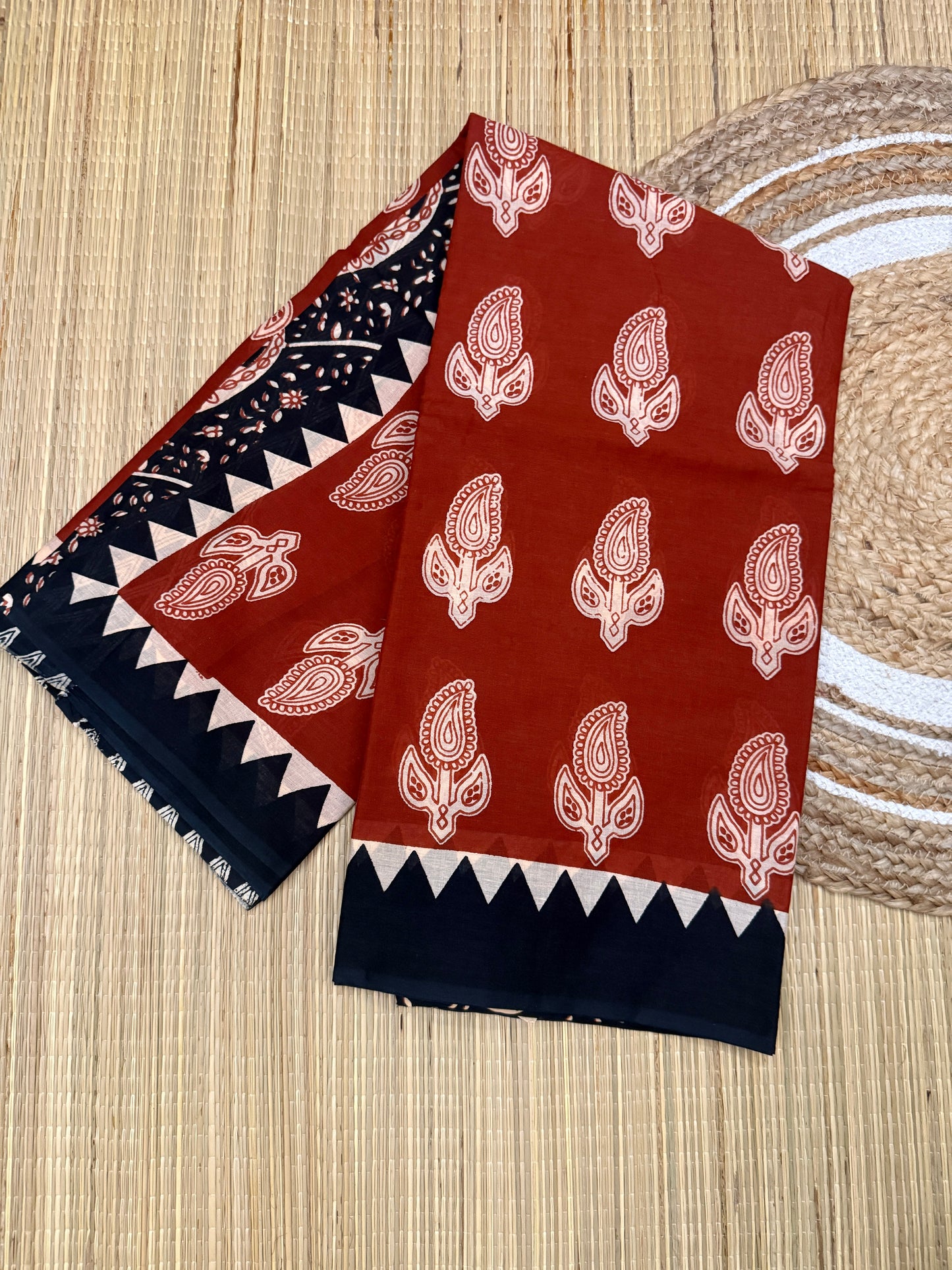 Pure Mul Cotton Hand Block Printed Black Saree with Kalamkari Floral and Maroon Border