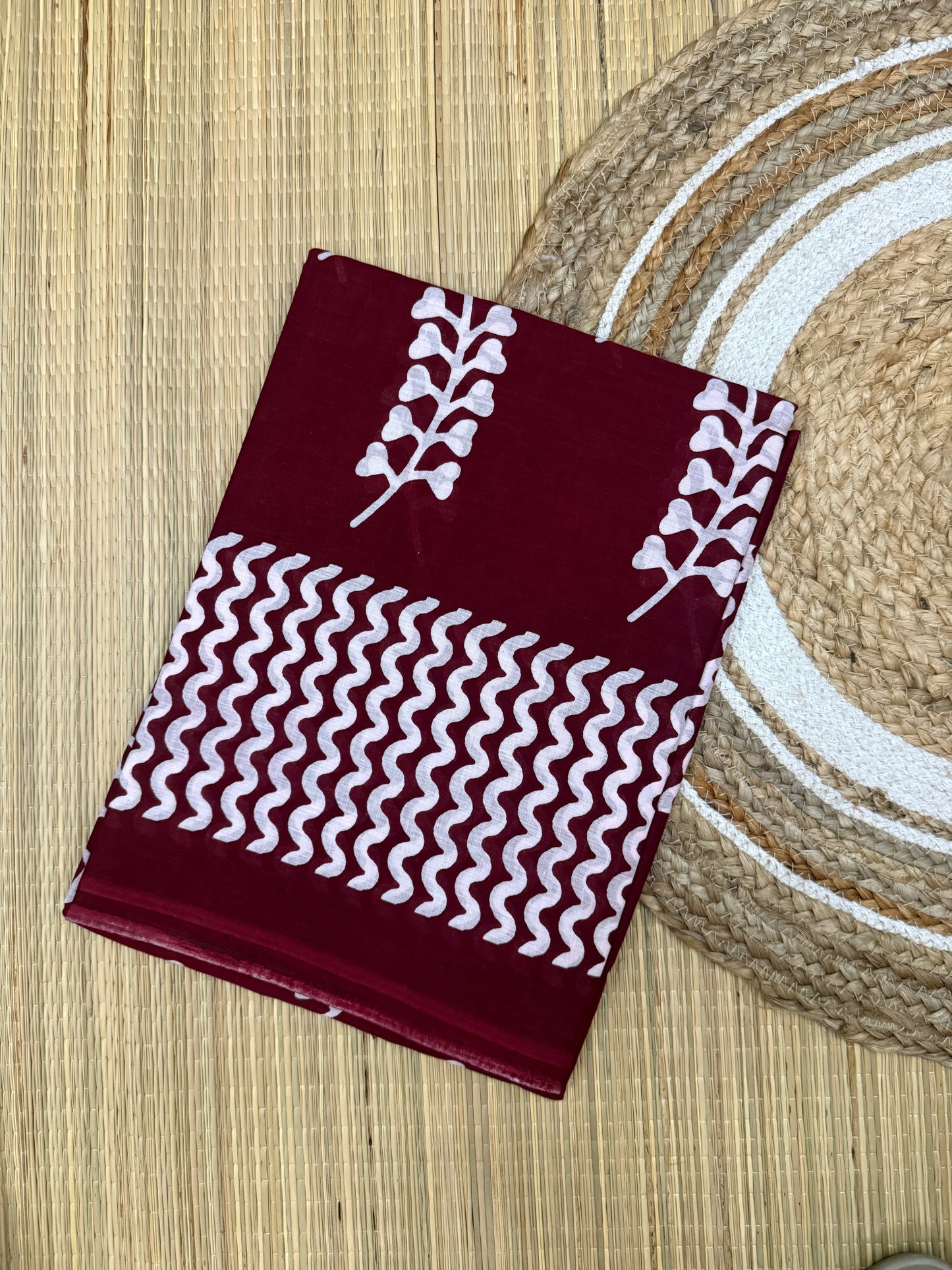 Pure Mul Cotton Hand Block Printed Maroon Saree with Chevron Pattern