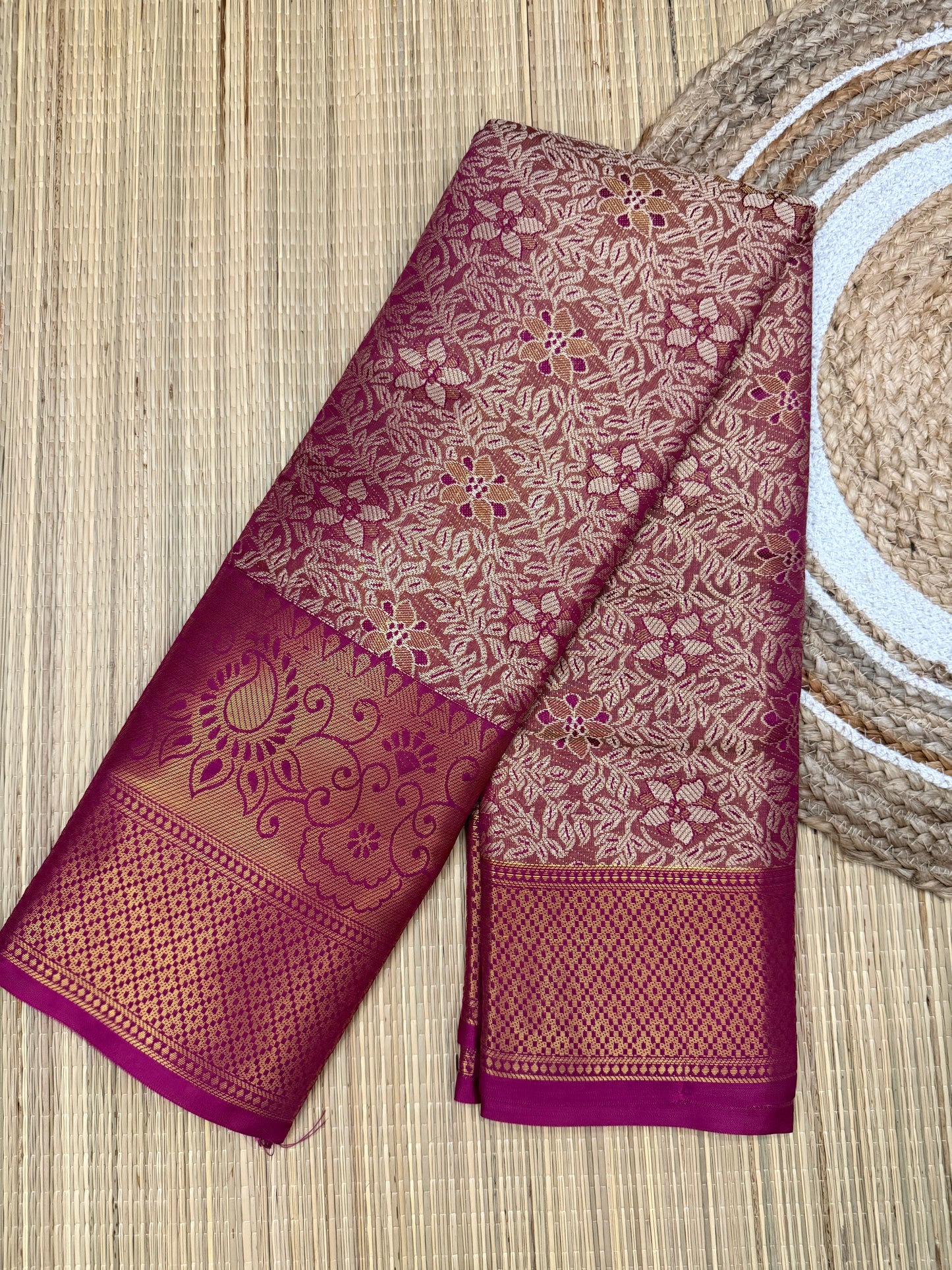 One Gram Replica Saree – Gold & Magenta with Allover Floral Zari Weave