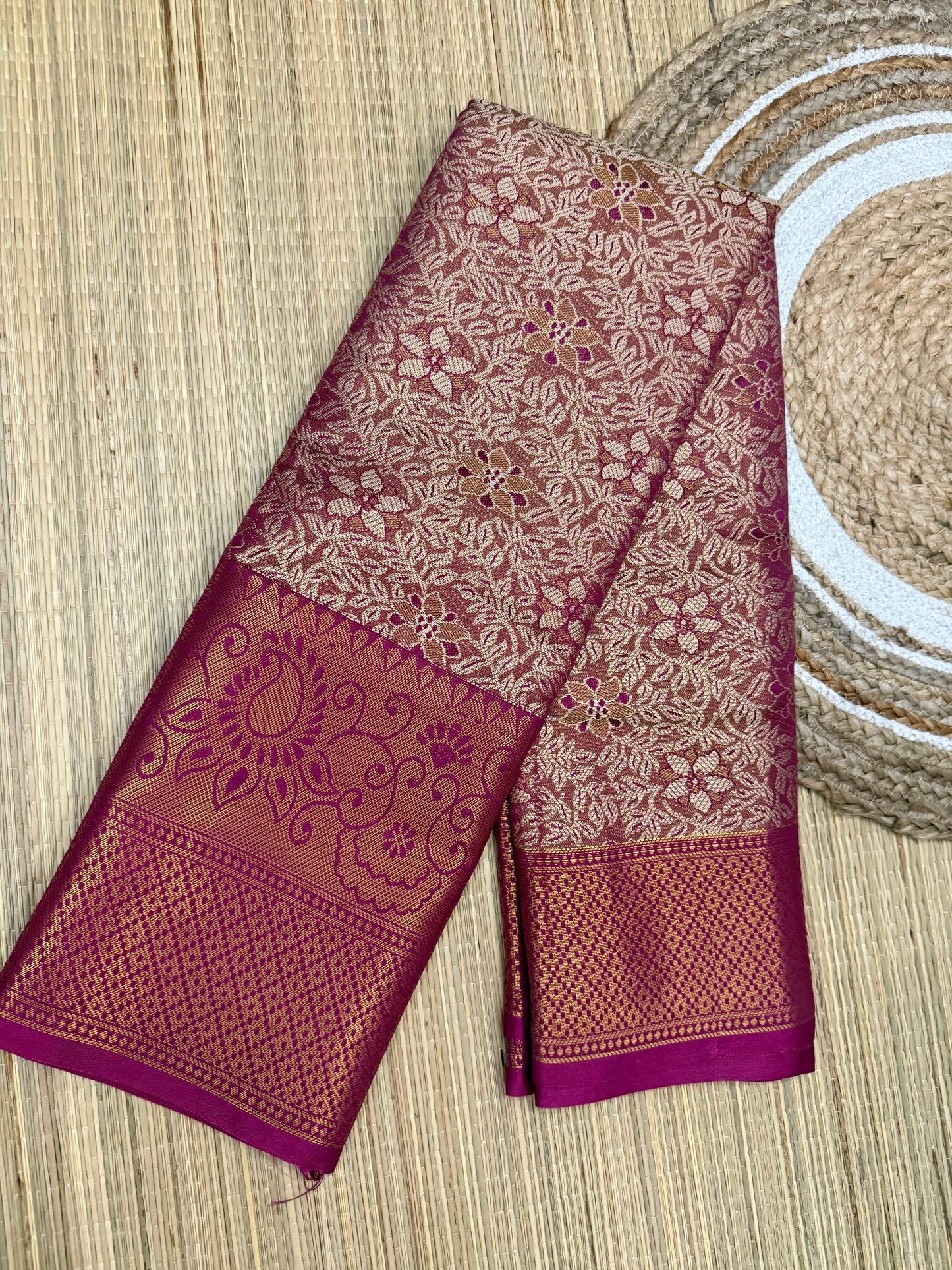 One Gram Replica Saree – Gold & Magenta with Allover Floral Zari Weave